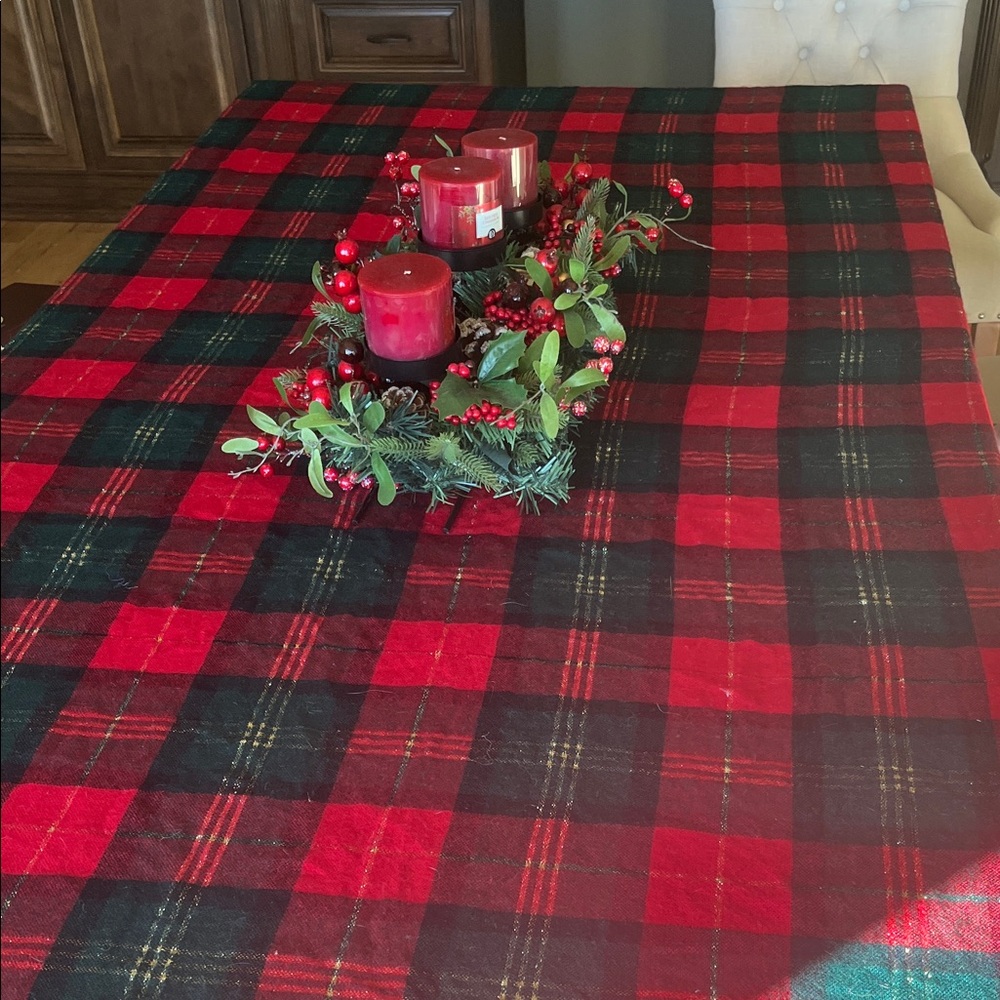 Christmas Red Gold Green Plaid Plaid Tablecloth